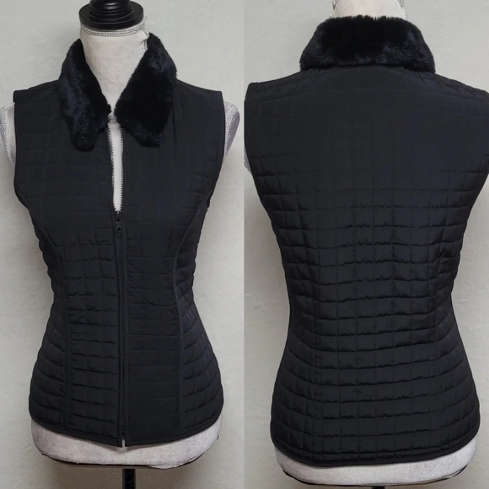 AGB Byer California Retro Y2K Black Faux Fur Collar Full-zip Quilted Vest.Add - Picture 2 of 12